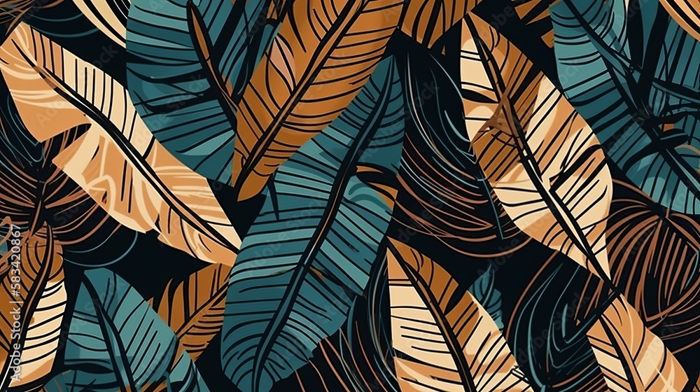 Poster abstract seamless pattern with tropical leaves. hand draw texture generative ai
