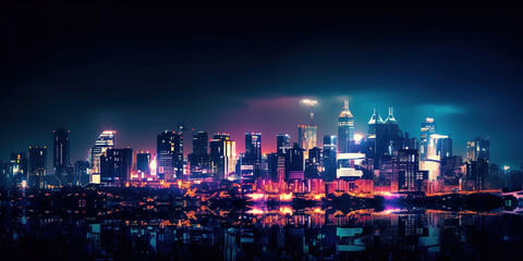 colorful night city skyline, generative ai