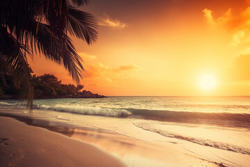 sunset over the ocean on the beach with palm trees, holiday vacation banner concept, generative ai