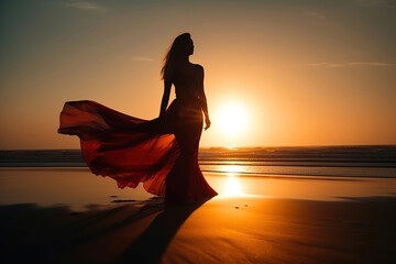 beautiful woman dancing on the beach at sunset in a long silky dress, generative ai