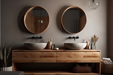 Close up of a double sink on a wooden vanity in a bathroom with a grey background and two vertical mirrors. Concept of self care and relaxation. Generative AI