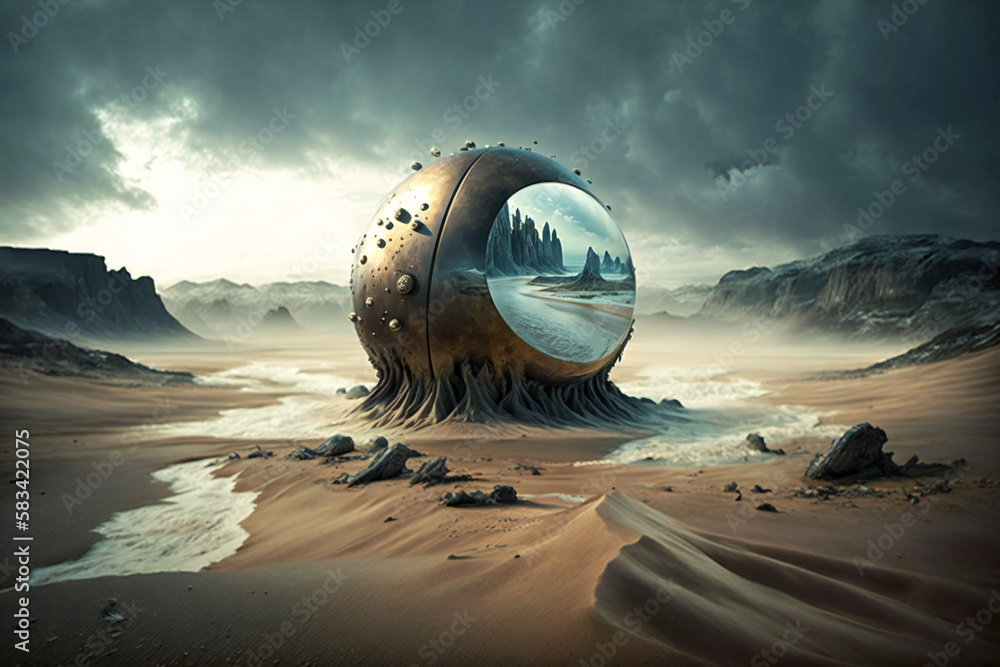 Poster strange, bizarre ancient alien structure on an alien planet. created with generative ai technology.