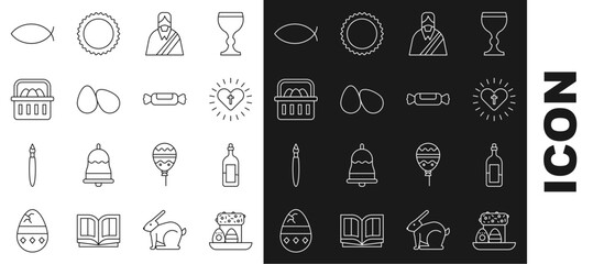 Set line Easter cake and eggs, Bottle of wine, Christian cross heart, Jesus, Basket with easter, fish and Candy icon. Vector