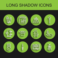 Set line Rabbit with ears, Dagger, Magic stone, Ancient magic book, Dream catcher feathers, Magician hat, Hand holding fire and Voodoo doll icon. Vector