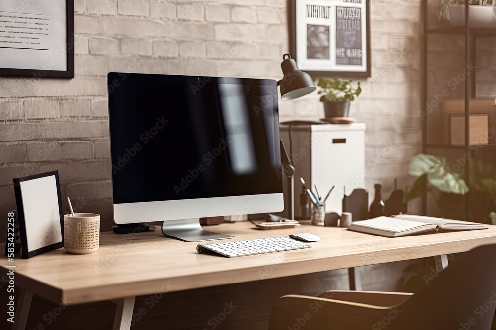 Aufkleber concept of blank screen mockup copy space. stylish home or studio workspace with a pc. computer and 