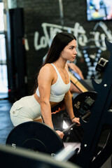 Fototapeta premium A young sporty girl in the gym does exercises with a barbell. Athletic body. View from the back
