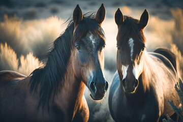Obraz premium Wild horses in nature under morning light. Created with Generative AI technology.