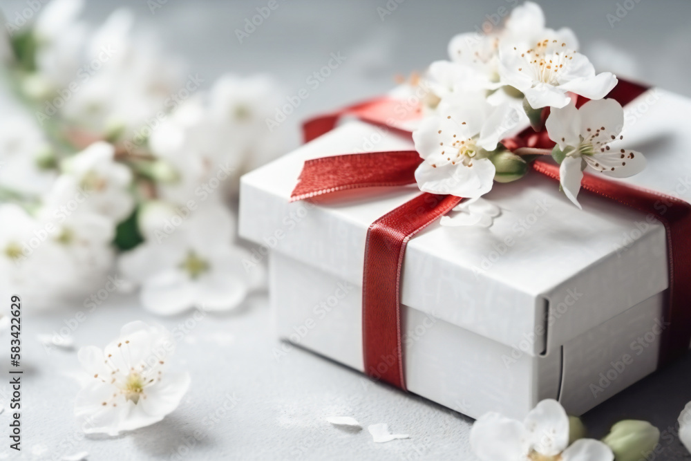 Poster delicate white flowers and a small gift box with a red ribbon. simplicity and cuteness concept. crea
