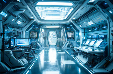 Interior of a futuristic control room of a space ship. Created with Generative AI technology.