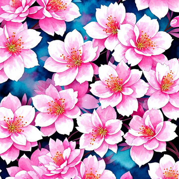 blossom pink sakura flowers closeup  watercolors painting with generative AI technology