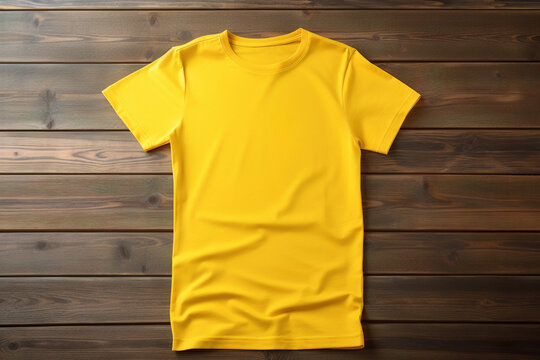 blank yellow t-shirt flatlay mockup on wooden background, template for t-shirt graphics for webshops, generative ai