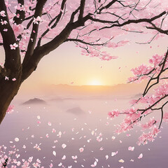 Fototapeta premium pink sakura tree petals fall on wind watercolors painting with generative AI technology