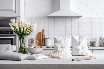 Over a blurring professional kitchen, a white table, desk, or shelf is topped with five soft white pillows in the shapes of stars or flowers. Generative AI