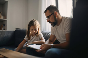 A man explain a homework to his daughter in the weekend morning day, generative ai