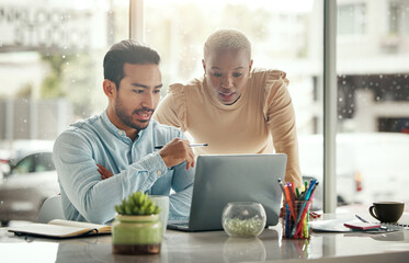 Office collaboration, laptop reading and team analysis of website, ecommerce teamwork or online brand feedback. Business diversity, data statistics and people review social media app development