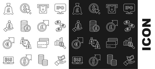 Set line Hand holding money, Pie chart dollar, Coin with, ATM, pound, bag, and Financial growth icon. Vector