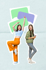 Creative vertical template advertisement collage of two young girls communicating new whatsapp...