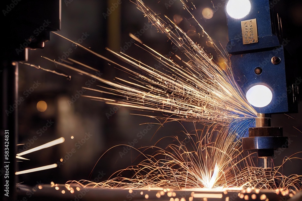 Wall mural Sparks from welding during metal processing on the machine at the factory., created with generative ai