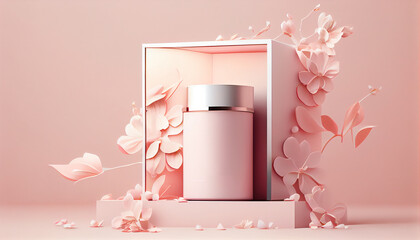 Unleashing Natural Beauty: 3D Podium Display with Circular Frame, Summer Minimal Banner, and Wind Effects on Beige Backdrop Showcasing Promotional Cosmetic Products Mockup Generative AI