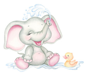 Cute little elephant bathes with duck and lets out a fountain with its trunk. Cartoon baby animals, Watercolor hand drawn illustration. - 583424807
