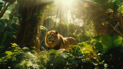 Lion in the jungle and beautiful rays of the sun