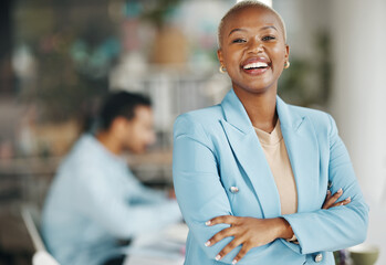 Happy, laughing and portrait of black woman in office for leadership, management and development....