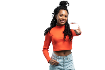 Girl holding a gift card. Young beautiful woman showing copy space on empty blank sign or gift card isolated on transparent background