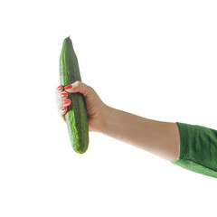 Isolated of woman hand holding whole raw green cucumber on transparent background