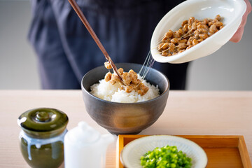 Japanese food Natto ”納豆”.
Traditional Japanese food ”Natto” image.
