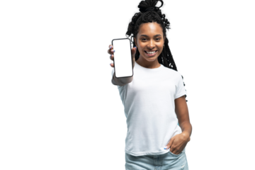 Wow, Amazing Useful App. Portrait of excited and surprised young woman holding smartphone with white blank screen in hand, showing device, closeup. Gadget with empty free space for mock up template