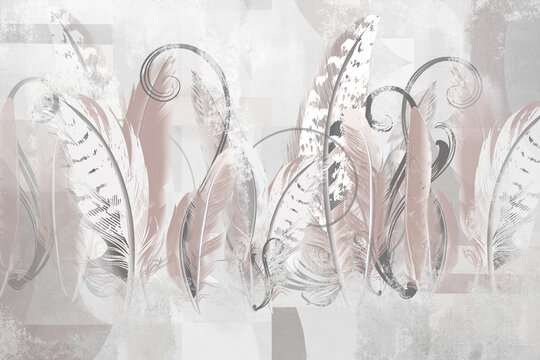 Spectacular feathers on a concrete wall. Mural for wallpaper, card, wall decoration. 