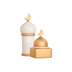 3d mosque symbol icon. Abstract gold and white islam building on isolated background. Cartoon vector illustration of muslim shape