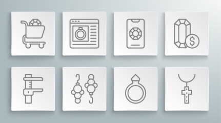 Set line Calliper or caliper and scale, Jewelry online shopping, Earrings, Diamond engagement, Christian cross chain, and icon. Vector