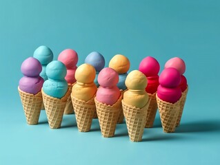 Colorful ice cream on plain blue background.