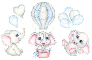 Set of cute little elephants on blue balloons. Collection of cartoon safari baby animals Watercolor hand drawn illustration. Perfect for kids greeting cards and invitations, baby shower for boys - 583425279