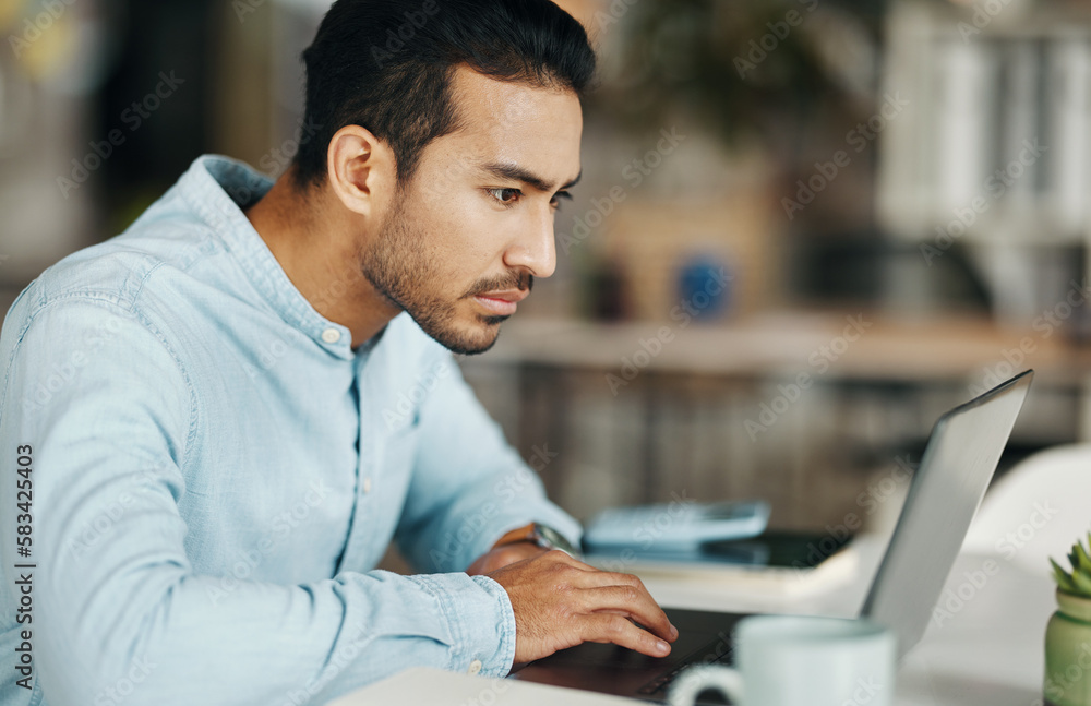 Poster Laptop, reading or business man focus on website development, ecommerce feedback or online brand review. Research project, problem solving solution and male doing analysis for social media app launch