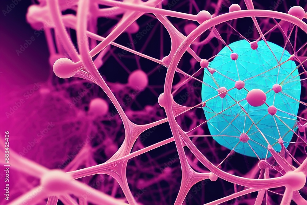 Poster Molecular genetic network with molecule closeup and atoms in chemistry., created with generative ai