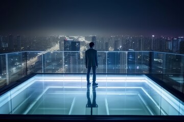 Businessman looking at night city from the top of a skyscraper, Generative AI