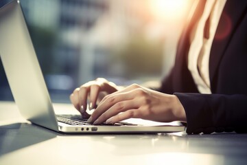 Close up of businesswoman hands typing on laptop keyboard in sunny office, Generative AI