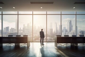 Fototapeta na wymiar Businessman standing in modern office interior with panoramic city view, Generative AI