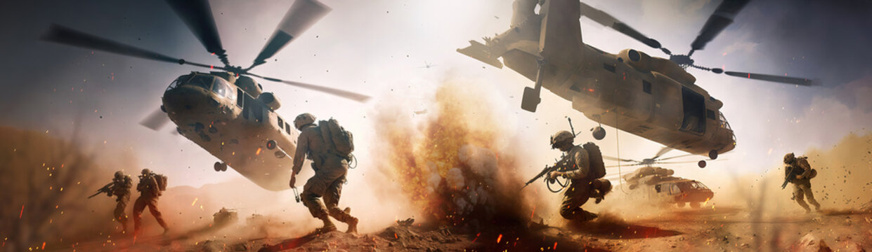 military choppers or helicopters crosses fire and smoke in the desert to execute military landing or extraction, wide poster design with copy space area - Generative AI
