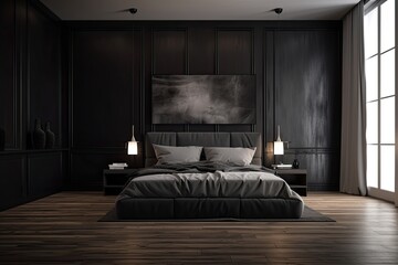 Interior of a black bedroom featuring a giant bed, two black doors, a dark wooden floor, and a long horizontal poster over the bed. Slant. mock up. Generative AI