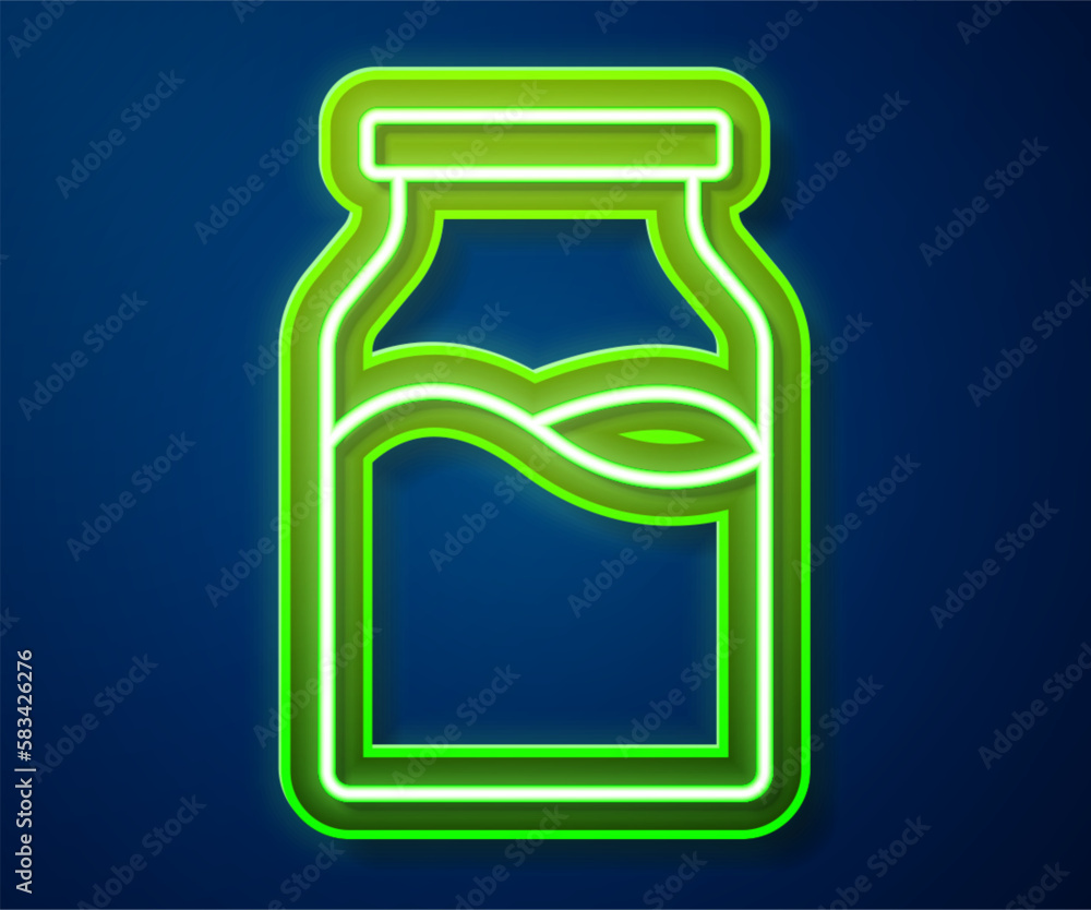 Sticker glowing neon line closed glass bottle with milk icon isolated on blue background. vector