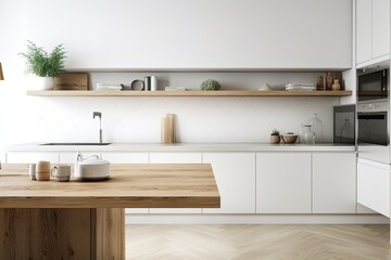 Modern white kitchen with wooden accents and a parquet floor, minimalist interior architecture, wooden table top or shelf with minimalistic vases,. Generative AI