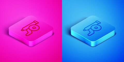 Isometric line Ramadan cannon icon isolated on pink and blue background. Square button. Vector