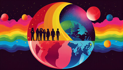 LGBTQ illustration banner, rainbow color artwork design, creative illustration of diverse people of the transgender and LGB community, by generative AI