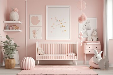mock up of a pink nursery complete with a frame holding toys and plants. Generative AI