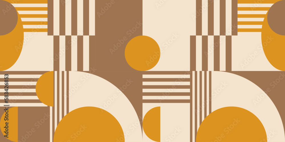 Poster Modern vector abstract  geometric background with circles, rectangles, squares and stripes  in retro Bauhaus style. Pastel colored