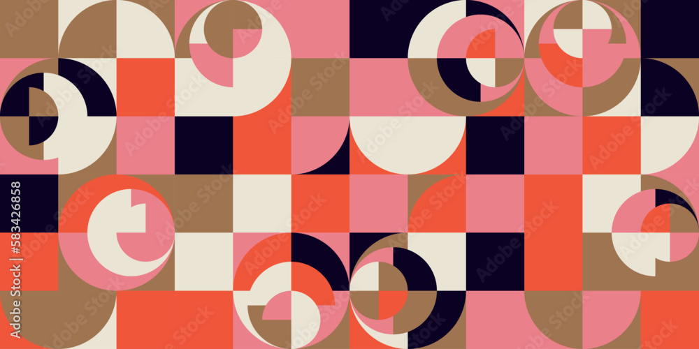 Leinwandbilder Modern vector abstract  geometric background with circles, rectangles and squares  in retro scandinavian style. Pastel colored simple shapes graphic pattern. Abstract mosaic artwork.