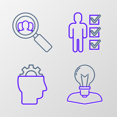 Fototapeta premium Set line Human head with lamp bulb, gear inside, User of business suit and Magnifying glass for search people icon. Vector